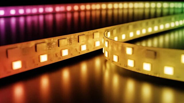 Flexible LED strip with colorful glowing lights on dark surface