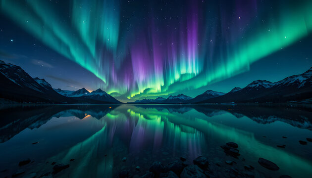 Green And Violet Aurora Borealis Over Mountain Lake Reflection