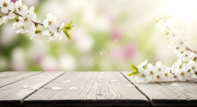 Fondo primaveral con flores blancas y mesa de madera blanca.
 Jard&iacute;n de manzanas de primavera en el fondo