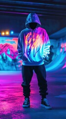 Neon-lit figure in a stylish hoodie, urban setting.