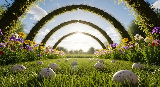 Coloridos huevos de Pascua esparcidos en una floreciente pradera primaveral bajo un cielo soleado