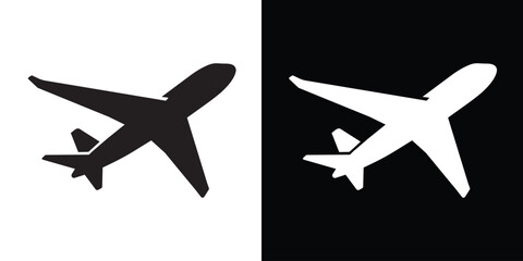Airplane vector icon isolated on black and white background. Minimalist aircraft symbol for travel, flight, aviation, tourism, and transportation design. © bibin