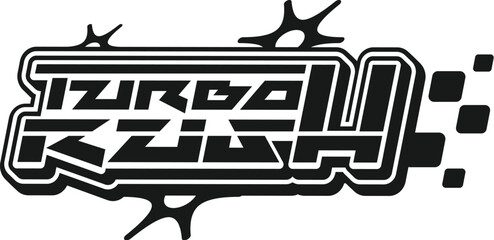 Fototapeta premium Car race turbo rush vintage Y2K icon or sign. Auto speed racing vintage vector symbol, car drive competition 60s Y2K sign. Race grand prix icon with futuristic abstract typography text and stars