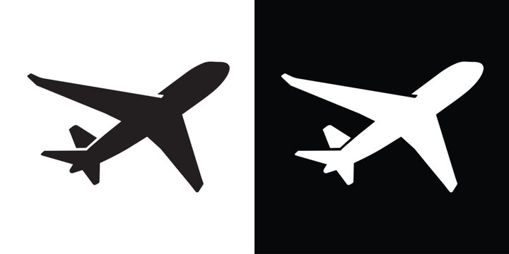 Airplane vector icon isolated on black and white background. Minimalist aircraft symbol for travel, flight, aviation, tourism, and transportation design.