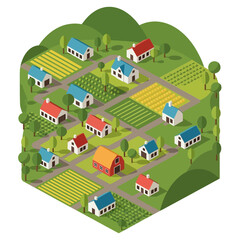 Fototapeta premium Isometric village with houses and farmland in a rural landscape.