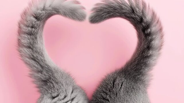 Cat tails form heart shape on pink background in playful display