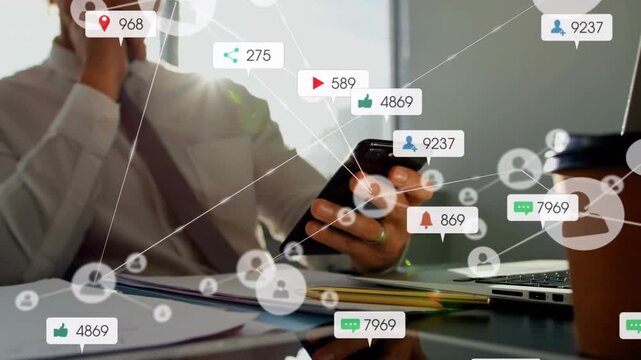 Animation of connected dots with notifications over caucasian businessman using cellphone