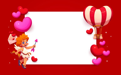 Fototapeta premium Valentine Day banner with cute cartoon cupid holding arrow and bow, flying hearts, love letter and heart shaped hot air balloon on red background. Vector romantic holiday border frame with blank space