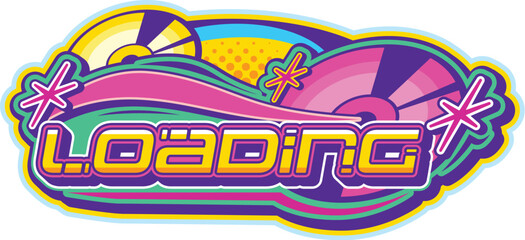 Computer loading retro Y2K icon or emblem. Retro computer Y2K vector symbol, 2000s digital technology funky emblem. 1990s software icon with CD compact disk and retro futuristic typography