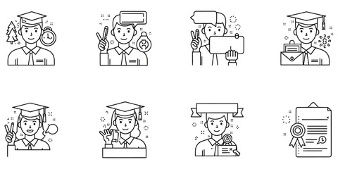 Obraz premium Graduation Icons Set with Caps and Diplomas in Black and White Illustrations