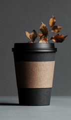 Elegant autumnal coffee cup, adorned with dried leaves.