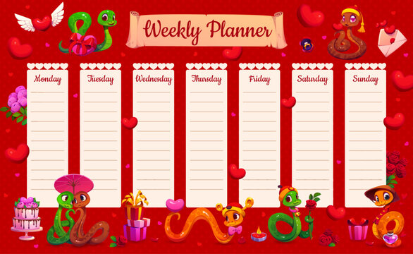 Weekly planner schedule with valentines snakes and hearts. Vector educational timetable, romantic school lesson organizer template with cute funny reptile characters and gifts. Kid time table frame