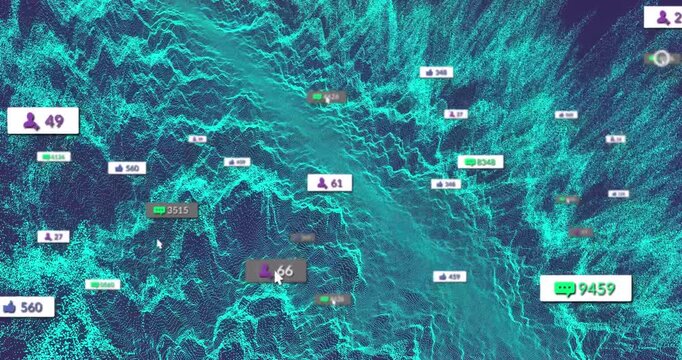 Animation of social media icons and numbers over green pattern