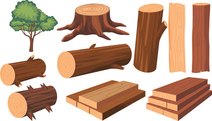 Wood processing vector set with tree, stump, logs and planks, lumber production elements for forestry, carpentry and woodworking illustration ©  Alexander Creations