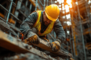 Worker Installing Beams on Sunlit Construction Framework