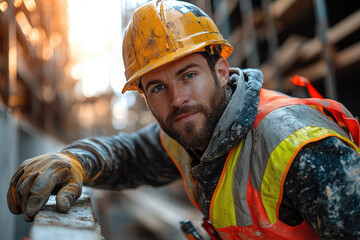 Skilled Builder Securing Wooden Frame Amid Rising Walls