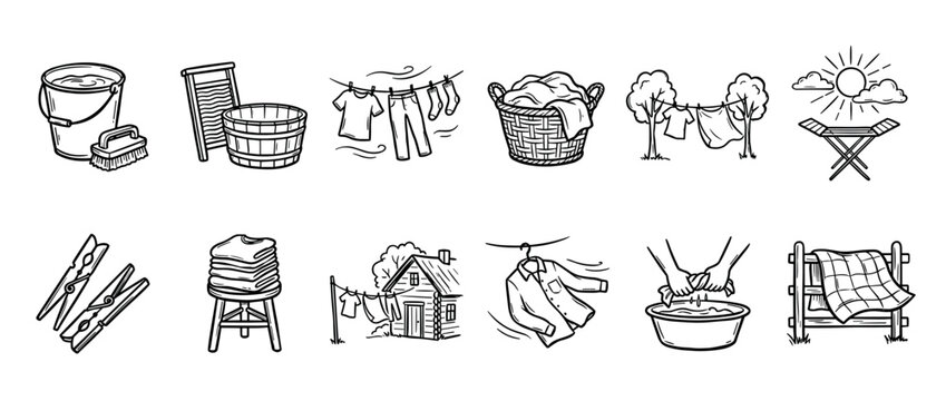 Set of hand-drawn laundry icons showing vintage washing methods like a washboard, basin, and clothesline for drying clothes outdoors in a black and white doodle style