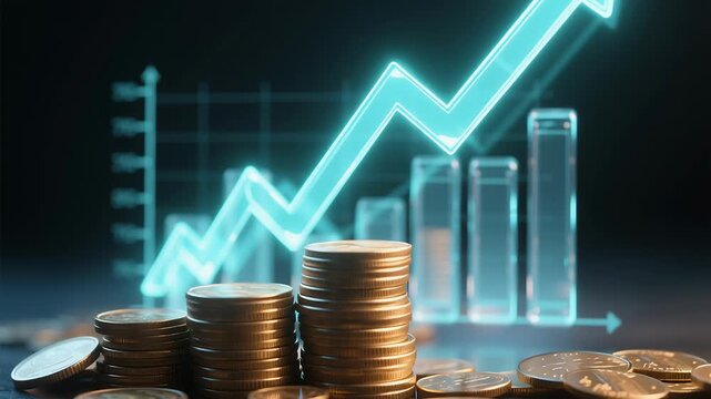 Investment growth and compound interest drive wealth and savings for future finance planning and retirement goals with progress shown by rising coin stacks and upward graph illustrating