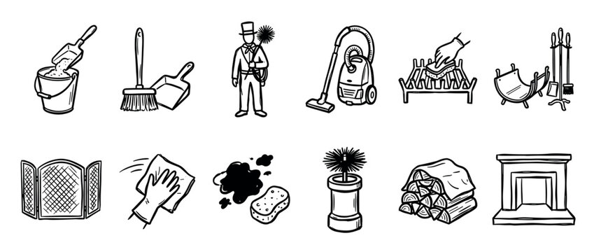 Set of hand-drawn chimney sweep icons featuring a fireplace, cleaning tools, firewood, and a sweeper character, all rendered in a simple black and white doodle illustration style