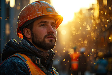 Manual Laborer on Busy Urban Construction Site Midday