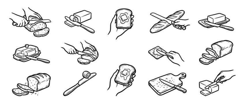 Hand-drawn bread and butter preparation icon set in a doodle style showing hands slicing a loaf, spreading on toast, and cutting a baguette for a simple breakfast meal