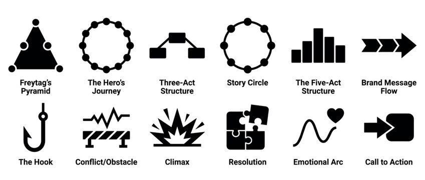 Set of twelve black glyph icons representing storytelling frameworks and narrative elements such as plot structure, conflict, climax, resolution, and the hero's journey