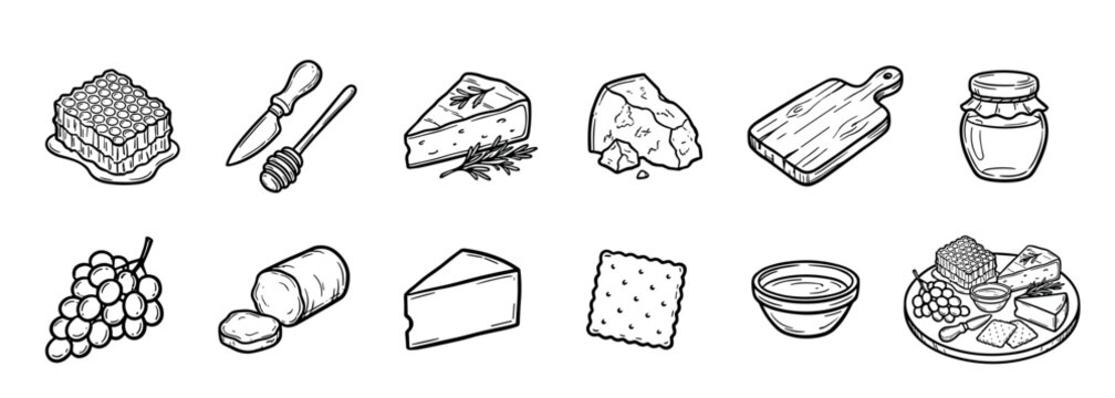 Collection of black and white cheese platter ingredients, including various cheeses, honey, grapes, and crackers, drawn in a simple and clean line art doodle illustration style