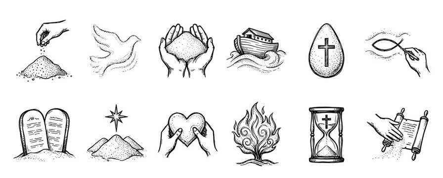 Set of hand-drawn Christian religious icons in a black and white sketch style, featuring biblical symbols like the ark, dove, ten commandments, cross, and burning bush