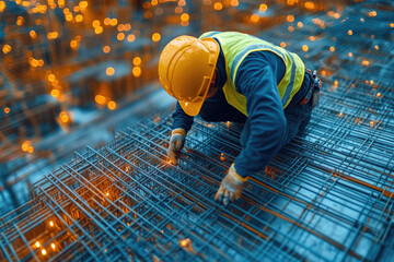 Industrial Construction Site with Worker Kneeling on Steel Framework and Crane
