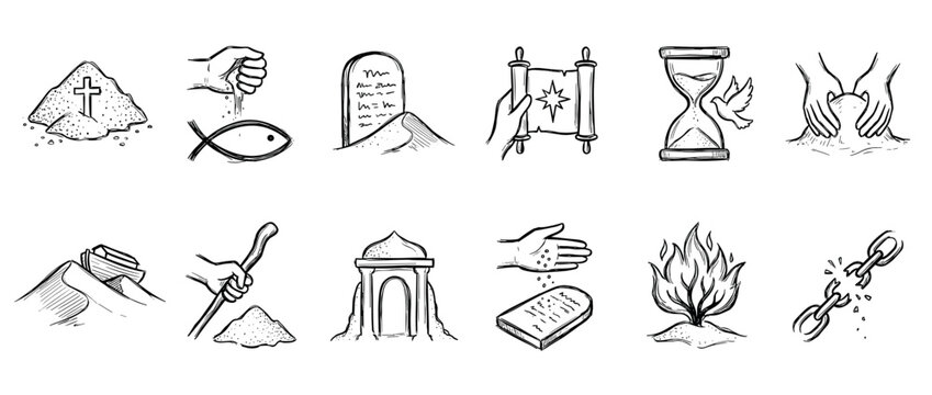 Set of hand-drawn religious icons depicting biblical stories and Christian symbols like the cross, fish, ark, and burning bush in a simple black and white sketch style