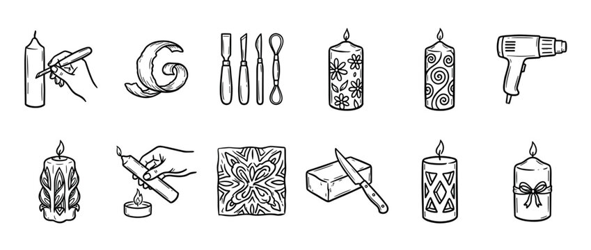 Set of black and white icons for candle carving shows the handmade process with tools like a knife, heat gun, and chisels, resulting in beautifully decorated wax creations