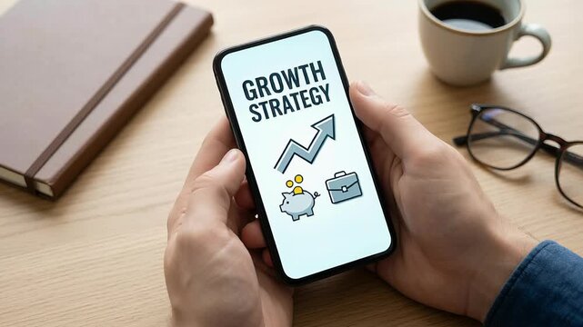 Finance investment compound interest retirement savings future wealth growth planning strategy on smartphone screen with coffee cup glasses and notebook for successful financial future growth