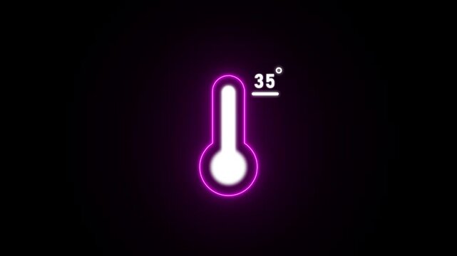 Neon thermometer displaying 35 degrees Celsius with a purple glow on black temperature measurement