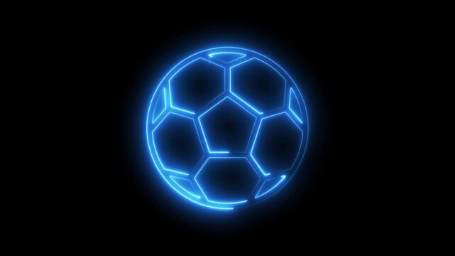 Glowing blue neon soccer ball on black background with hexagonal pattern glowing soccer ball
