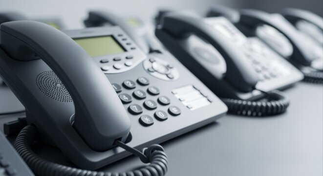 Office Communication System: Close-up of Multiple IP Phones in a Row, Modern Business Telephony