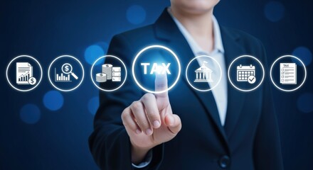 Obraz premium Businesswoman touching virtual screen displaying tax information and related icons for financial planning and compliance