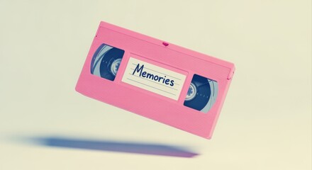 Obraz premium Pink VHS Tape Floating: Nostalgic Home Video, Family Memories, and Retro Technology Concept