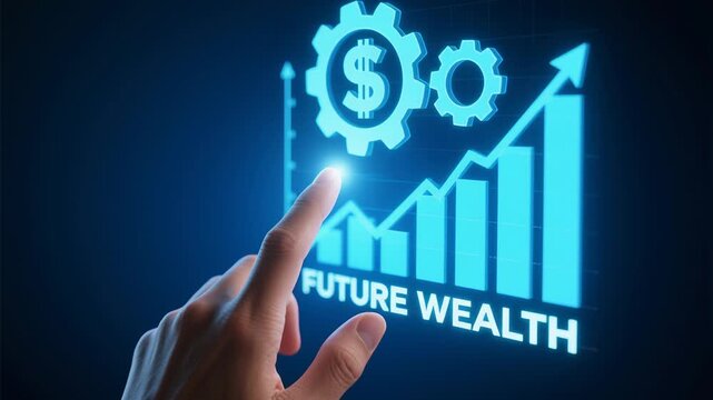 Finance investment compound interest retirement savings future wealth growth planning concept with hand pointing rising bar chart and dollar gear icon digital screen for long term financial success
