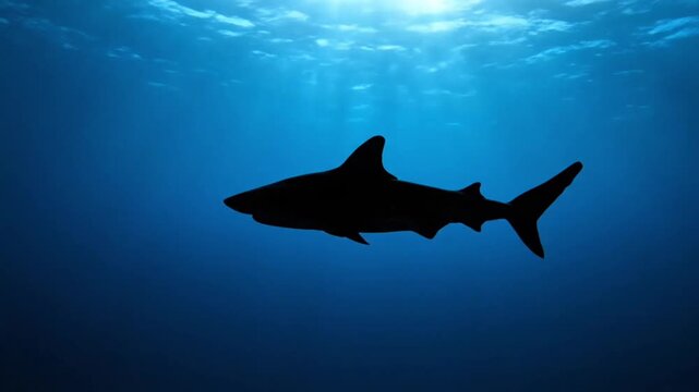 A dangerous grey shark with sharp jaws and a prominent fin swims past a diver in the deep blue underwater ocean nature near a coral reef vector illustration