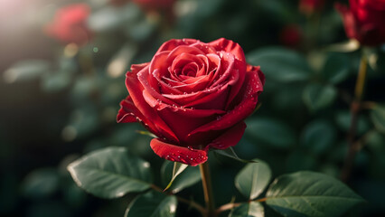 Fototapeta premium A vibrant red rose in full bloom amidst lush greenery