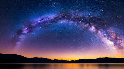 Fototapeta premium The milky way galaxy arching over a serene lake at sunset