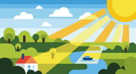 Sun Shining Brightly Over Landscape Scene.