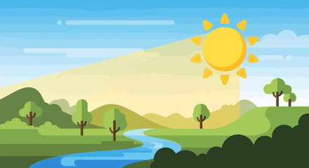 Sun Shining Brightly Over Green Landscape.