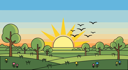 Sunset over green landscape with trees and birds.