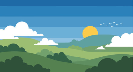 Sunset over rolling green hills landscape.