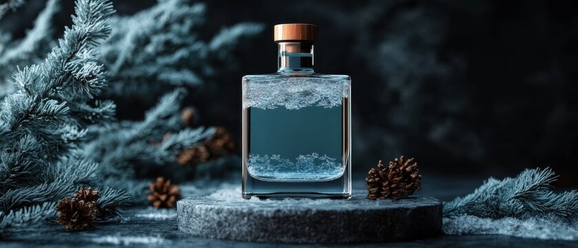 Winter's frosty elixir in a square glass bottle.