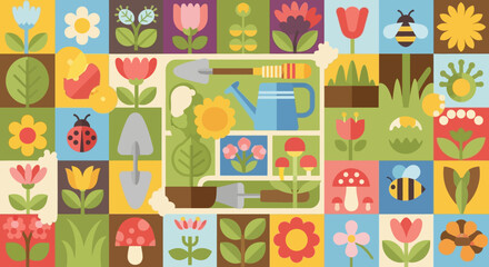 Vibrant Gardening Collage with Various Elements.