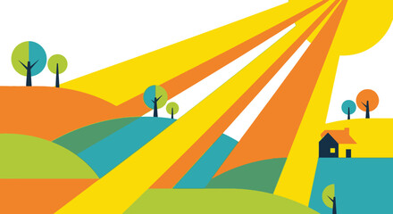Vibrant Sunbeams Over Rolling Hills Landscape.