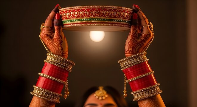Festive Woman Holding Decorated Channi for Karwa Chauth Ritual Celebration