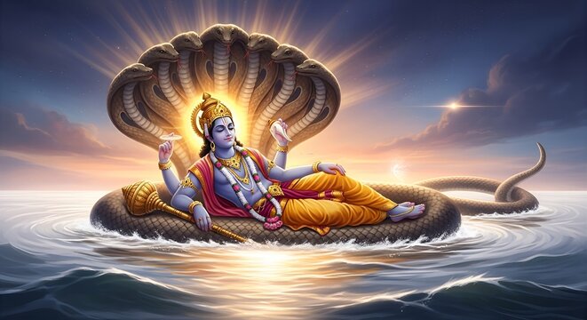 Serene Depiction of Vishnu Resting on Shesha Naga in Cosmic Ocean Artwork